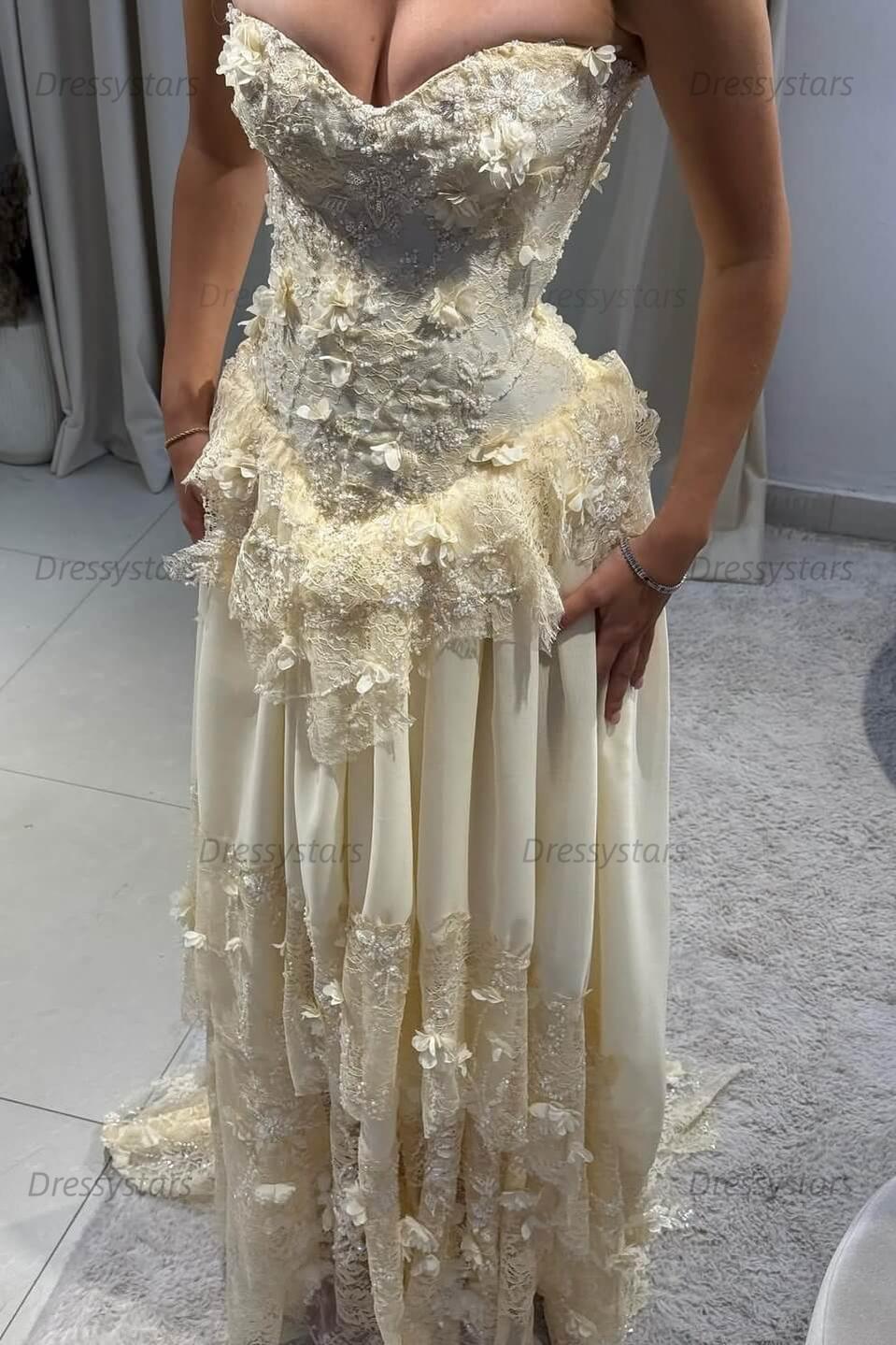 Yellow A Line Prom Dress Sleeveless Sweetheart Formal Dress With Lace Appliques