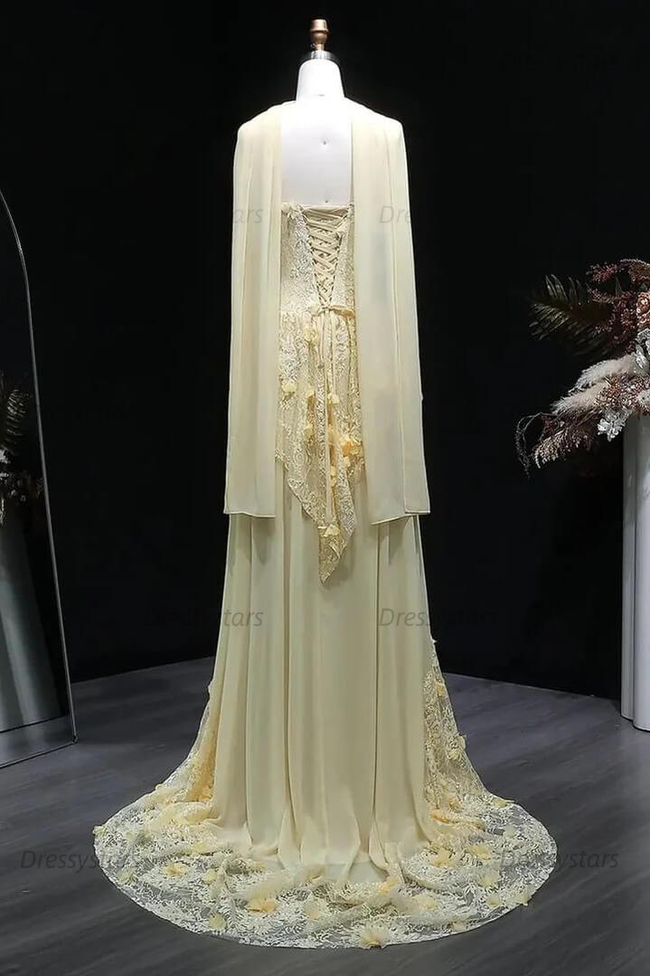 Yellow A Line Prom Dress Sleeveless Sweetheart Formal Dress With Lace Appliques