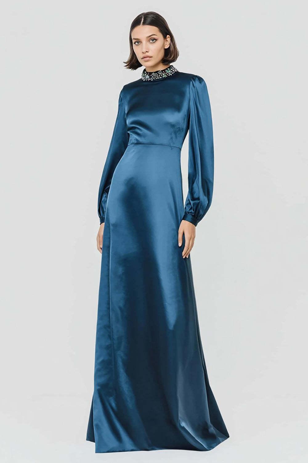 Dressystars Dark Blue High Neck A-Line Long Satin Prom Dress With Beading
