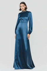 Dressystars Dark Blue High Neck A-Line Long Satin Prom Dress With Beading