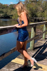 Dark Blue Homecoming Dresses Sequin Short Tight Cocktail Dresses