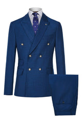 Dark Blue Plaid Double Breasted Close Fitting Business Suit for Men