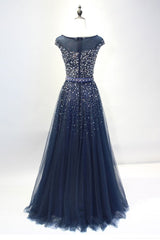 Dark Blue Prom Dress Crew Neck Sequin Tulle Long Evening Dress
