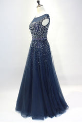Dark Blue Prom Dress Crew Neck Sequin Tulle Long Evening Dress