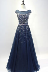 Dark Blue Prom Dress Crew Neck Sequin Tulle Long Evening Dress