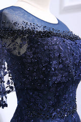 Dark Blue Prom Dress Lace Long Evening Dress