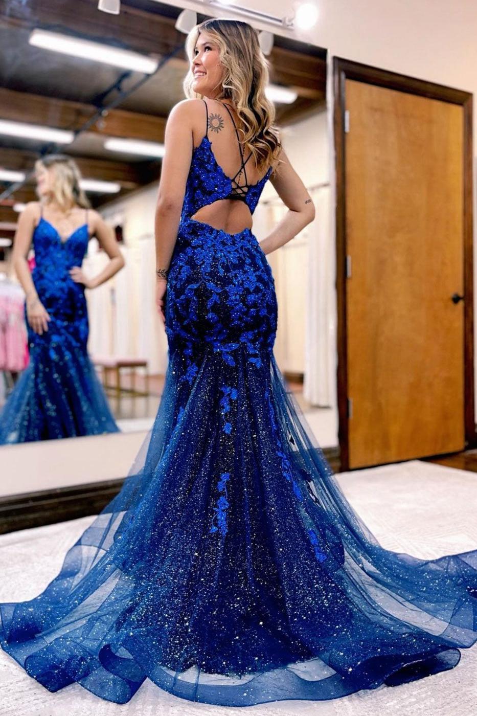 Dark Blue Prom Dress Mermaid Long Lace Evening Dress