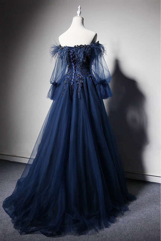 Dark Blue Prom Dress Off the Shoulder Tulle Long Formal Evening Dress