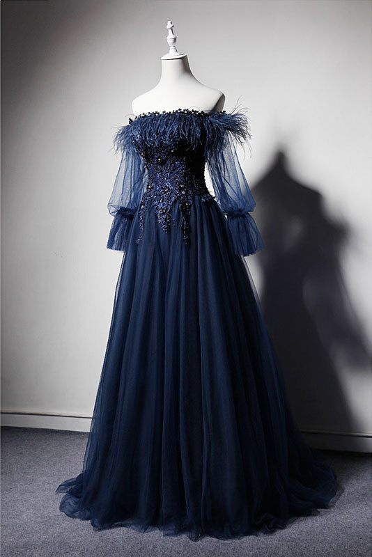 Dark Blue Prom Dress Off the Shoulder Tulle Long Formal Evening Dress