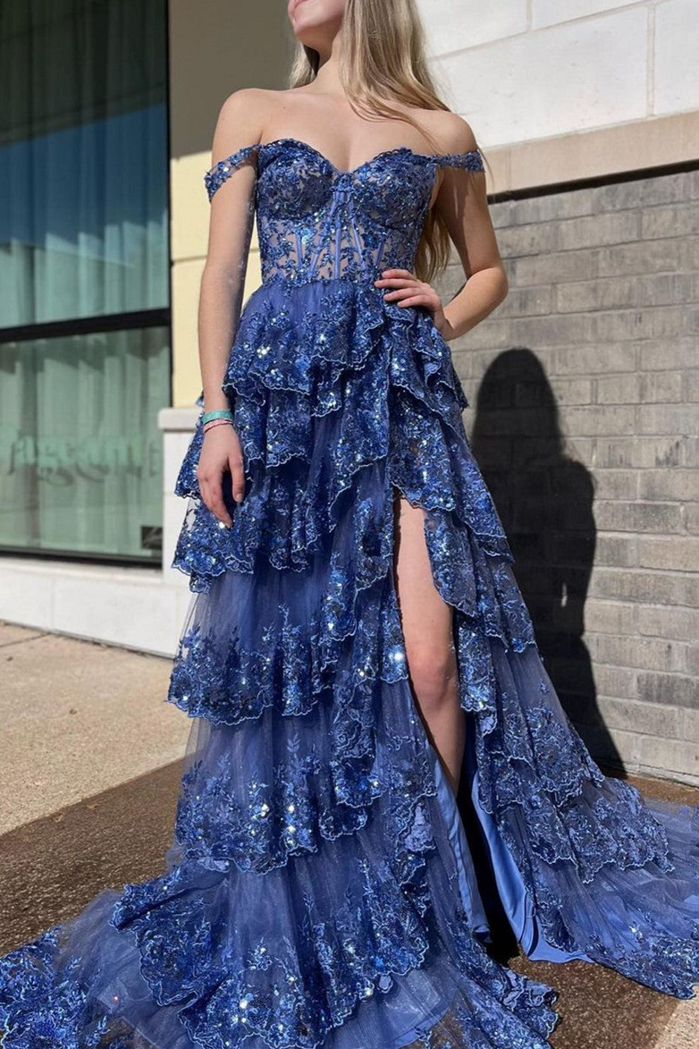 Dark Blue Prom Dress Princess A Line Off the Shoulder Corset Evening Dress with Lace Ruffles