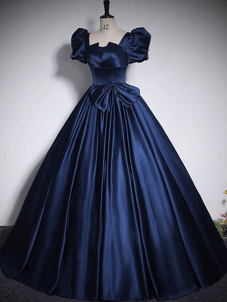 Dark Blue Prom Dress Satin Long Formal Gown Evening Dress