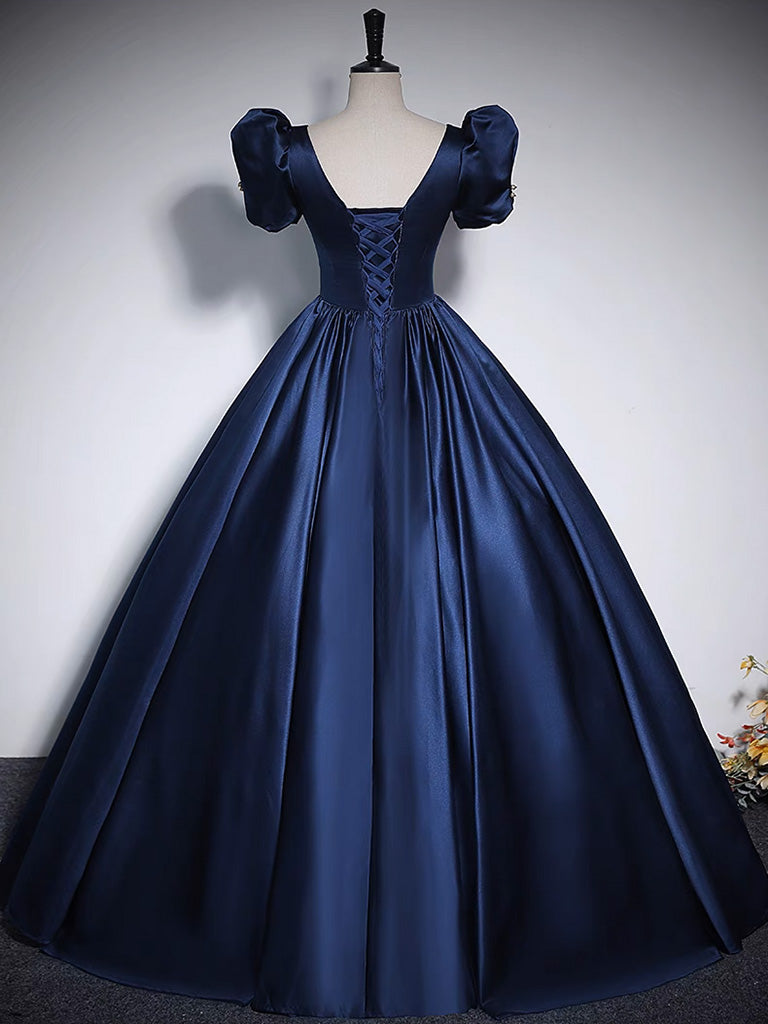 Dark Blue Prom Dress Satin Long Formal Gown Evening Dress