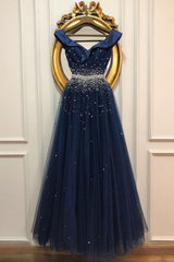 Dark Blue Prom Dress Satin Sequin Long Evening Dress