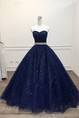 Dark Blue Prom Dress Tulle Long Evening Dress