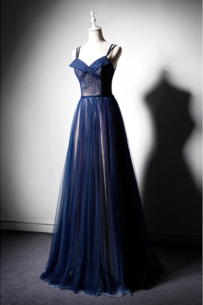 Dark Blue Prom Dress Tulle Long Formal Gown Evening Dress
