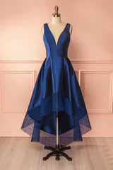 Dark Blue Prom Dress V Neck High Low Bridesmaid Gown Evening Dress
