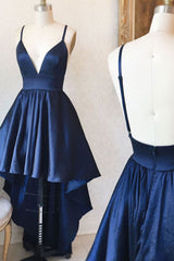 Dark Blue Prom Dress V Neck High Low Formal Evening Dress