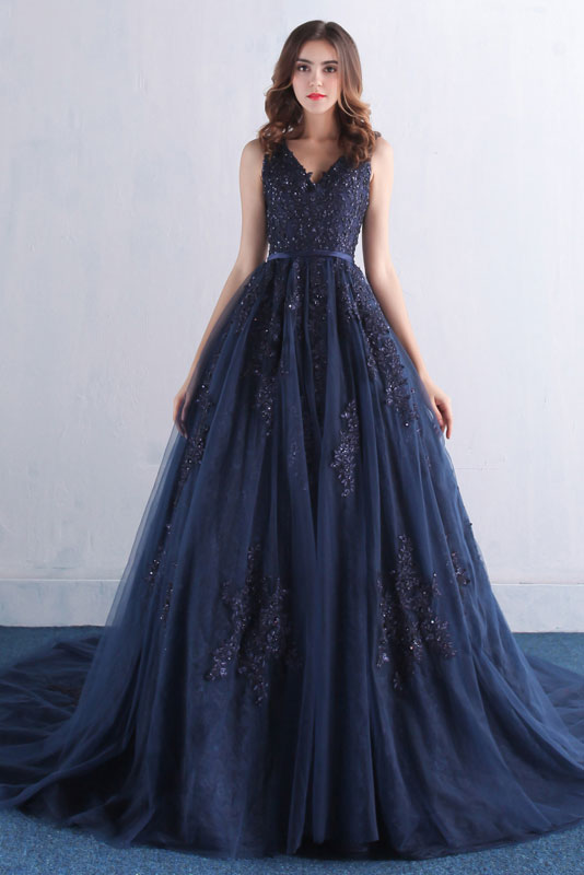 Dark Blue Prom Dress V Neck Tulle Lace Long Evening Dress