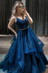 Dark Blue Prom Dress V Neck Tulle Sequin Long Formal Dress Evening Dress