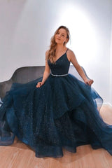 Dark Blue Prom Dress V Neck Tulle Sequin Long Formal Dress Evening Dress