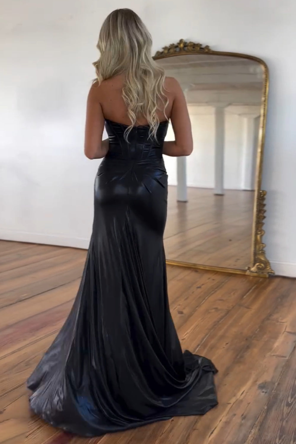 Dark Blue Strapless Prom Dress Mermaid Metallic Long Evening Dress With Slit