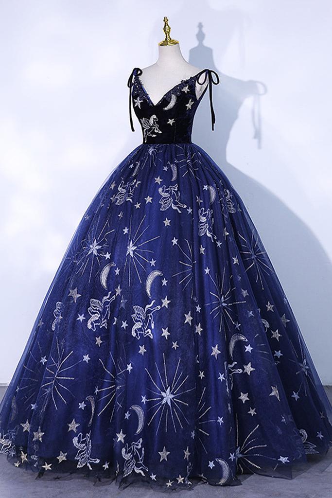 Dark Blue Velvet Formal Dress A Line Tulle Lace Long Evening Dress