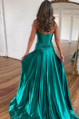 Green Prom Dress A Line Strapless Zipper Back Long Satin Evening Dress With Split