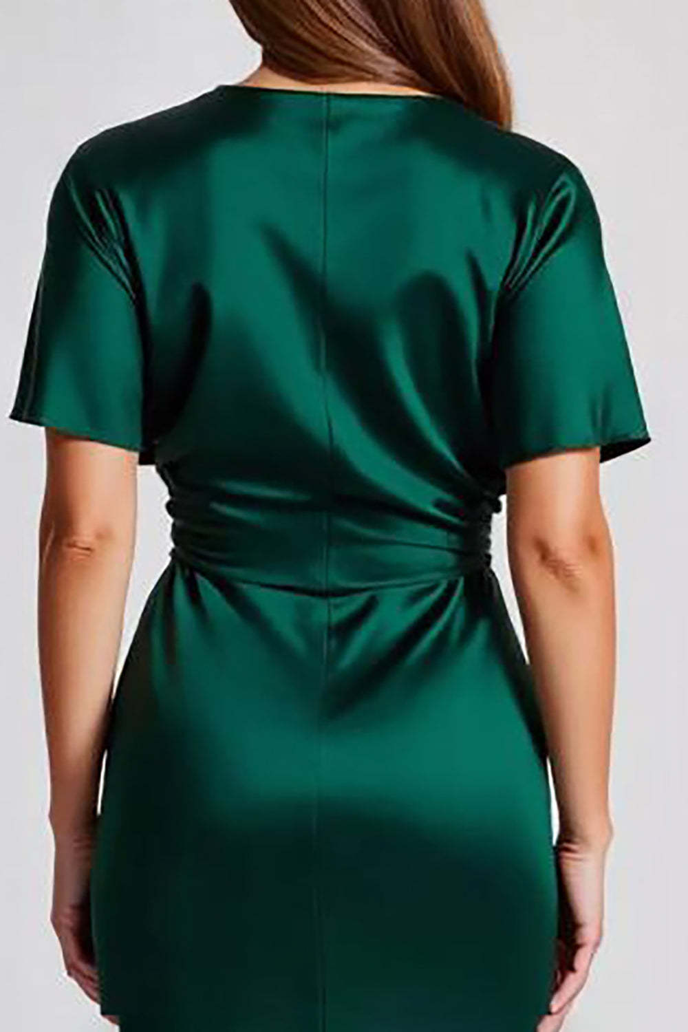 Dressystars Women Dark Green Formal Dress Satin Short Sleeves V Neck Sheath  Long Wedding Guest Dress