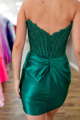 Dark Green Homecoming Dress Strapless Satin Corset Tight Short Prom Dress (Gloves not Included)