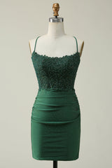 Dark Green Homecoming Dresses Beaded Short Cocktail Dresses with Appliques