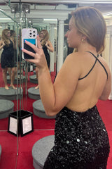 Dark Green Homecoming Dresses Halter Open Back Bodycon Cocktail Dresses With Sequin