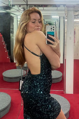 Dark Green Homecoming Dresses Halter Open Back Bodycon Cocktail Dresses With Sequin