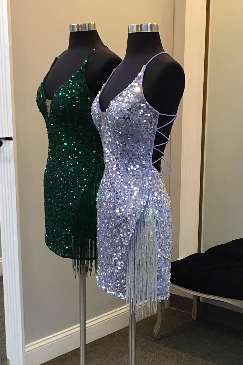 Dark Green Homecoming Dresses Sequin Tight Cocktail Dresses with Fringes