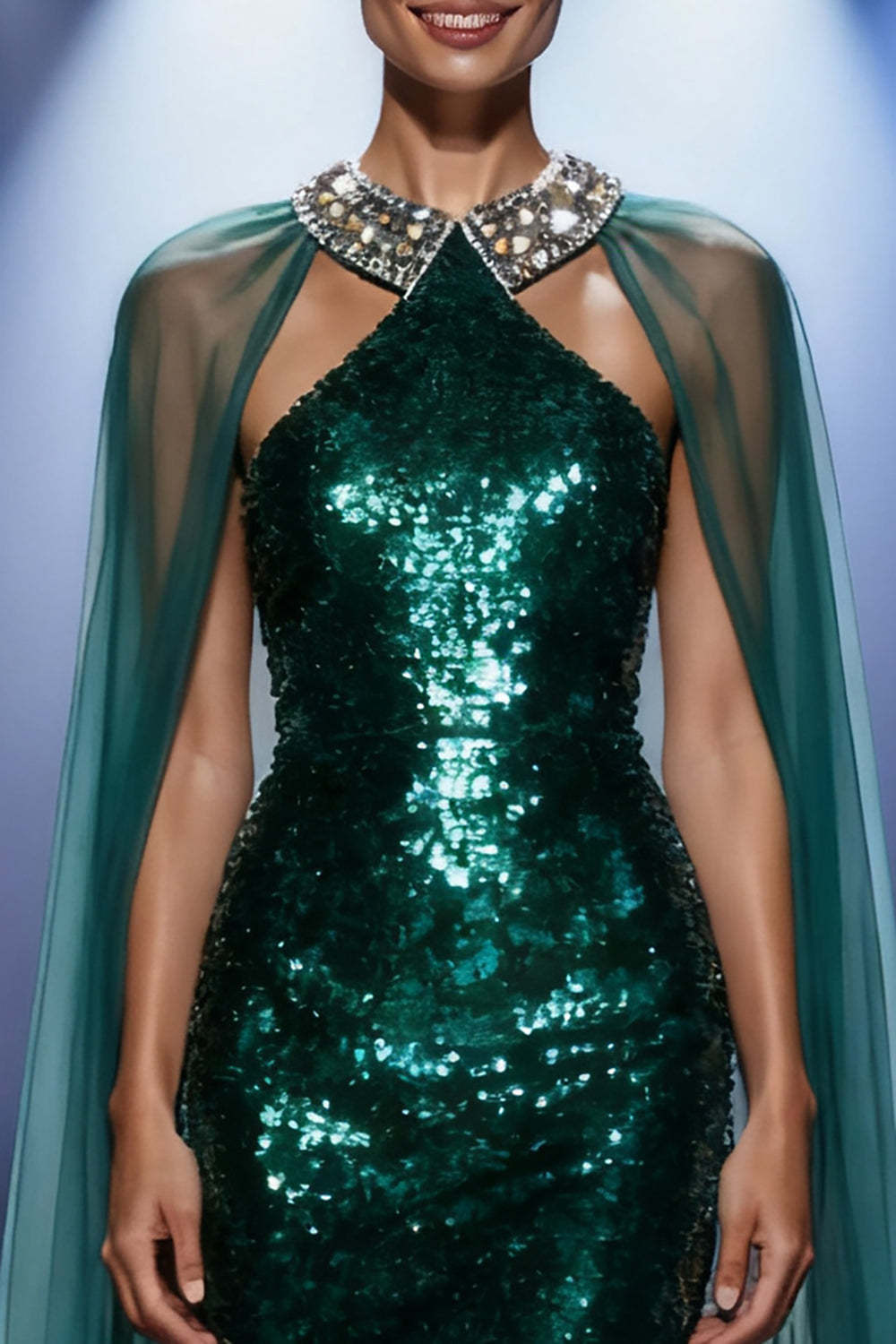 Dressystars Dark Green Mermaid Halter Long Sequin Pageant Dress With Cape