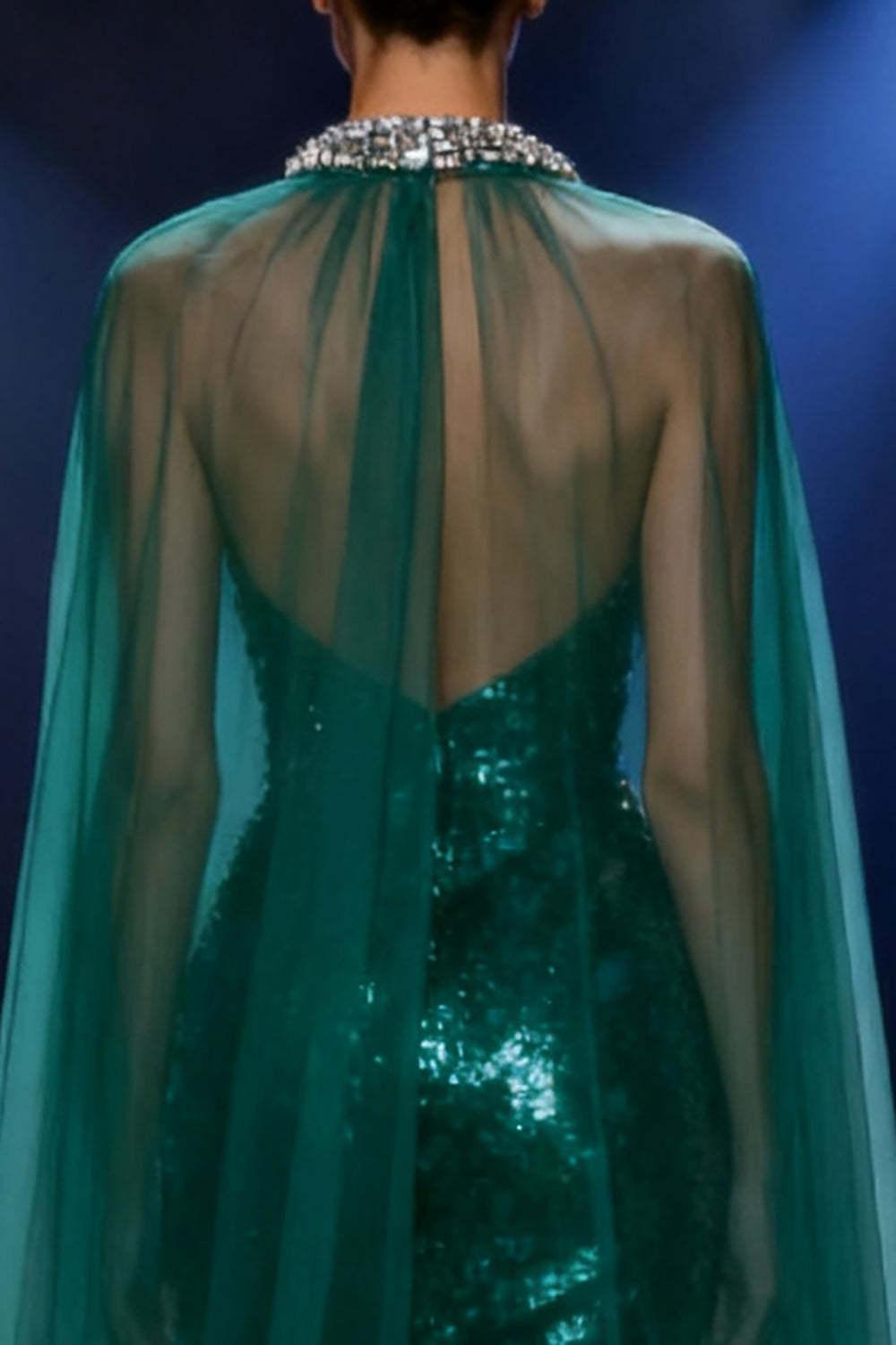 Dressystars Dark Green Mermaid Halter Long Sequin Pageant Dress With Cape