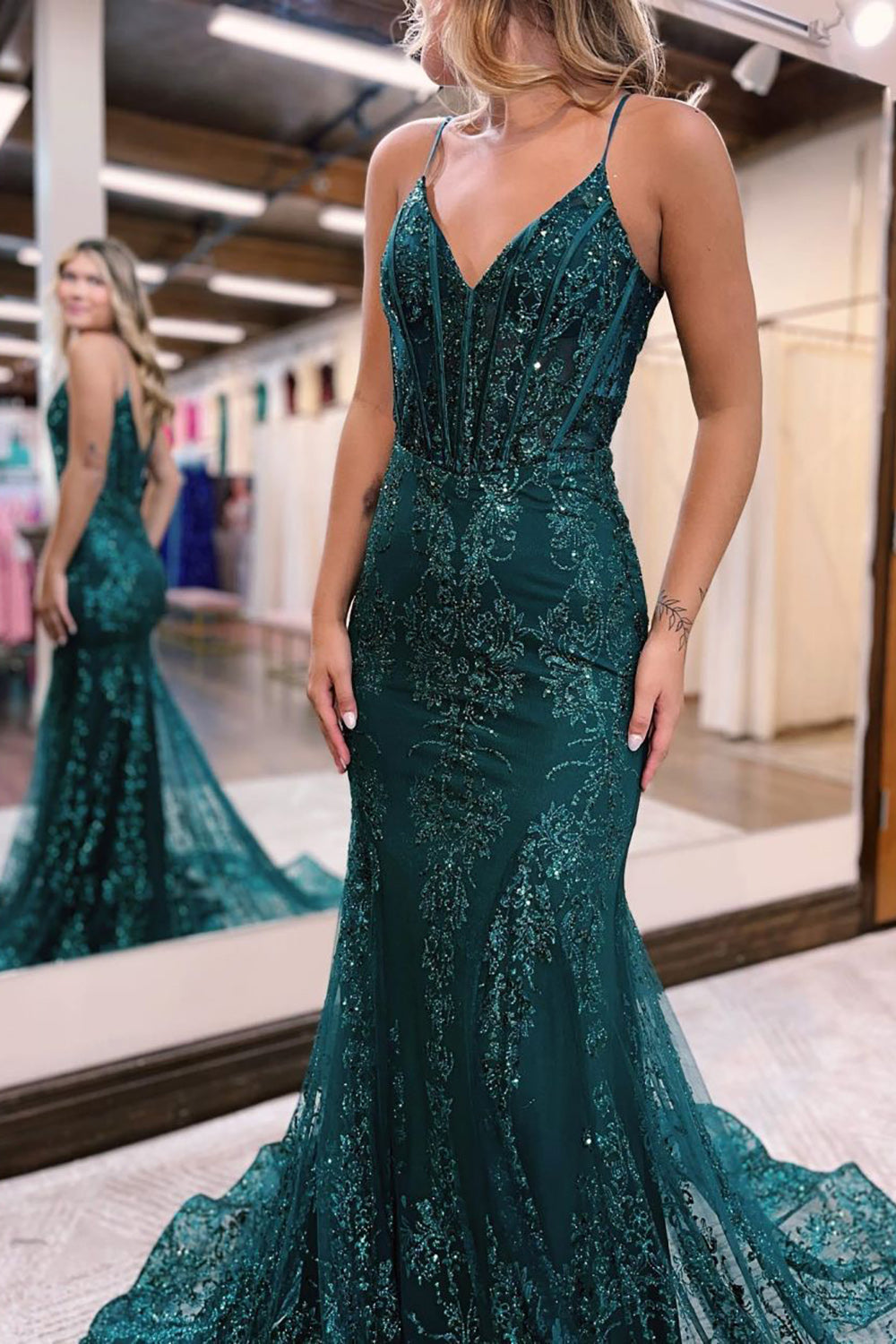 Dark Green Mermaid Sequin Long Prom Dress