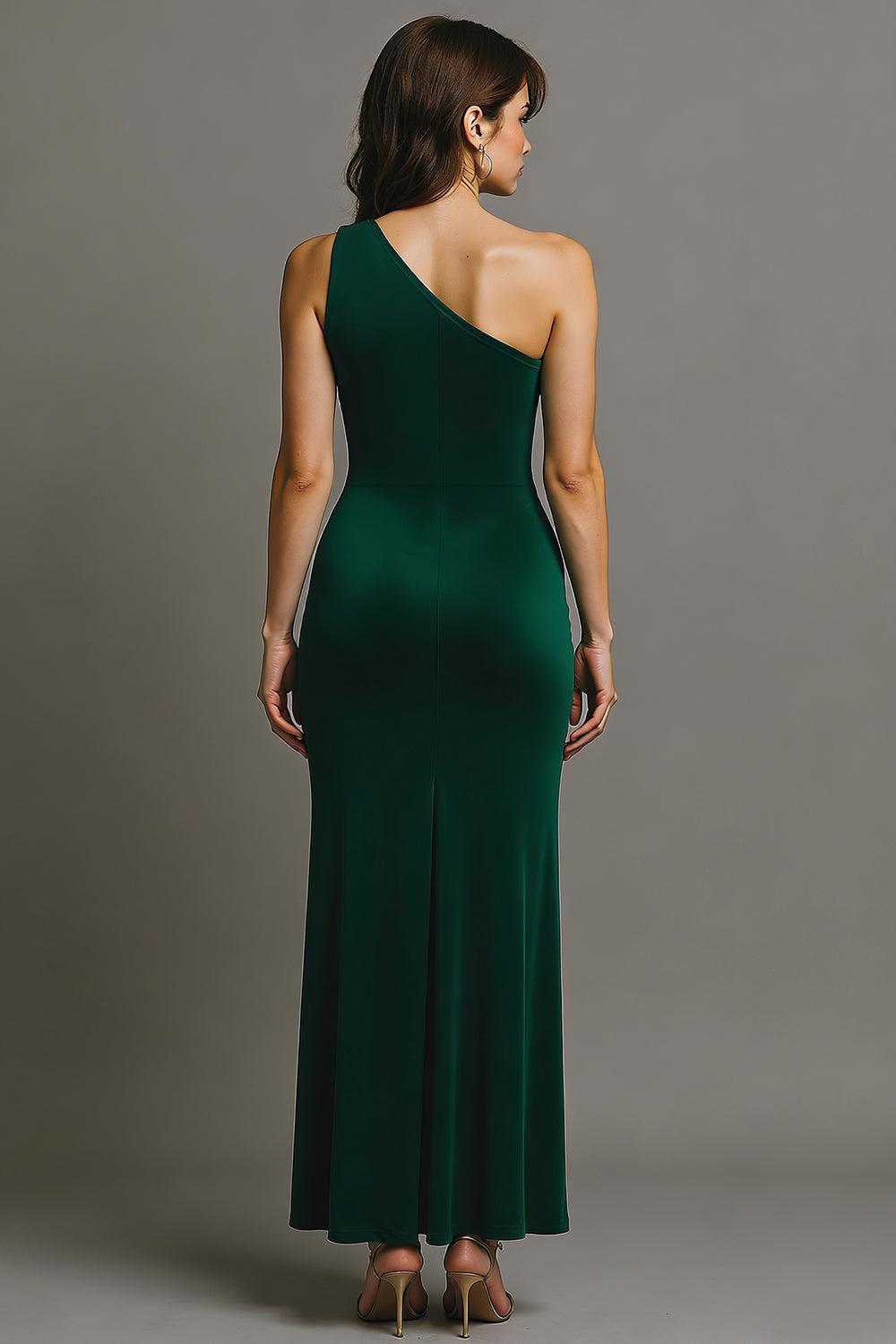 Dressystars Dark Green One Shoulder Long Mermaid Prom Dress With Slit