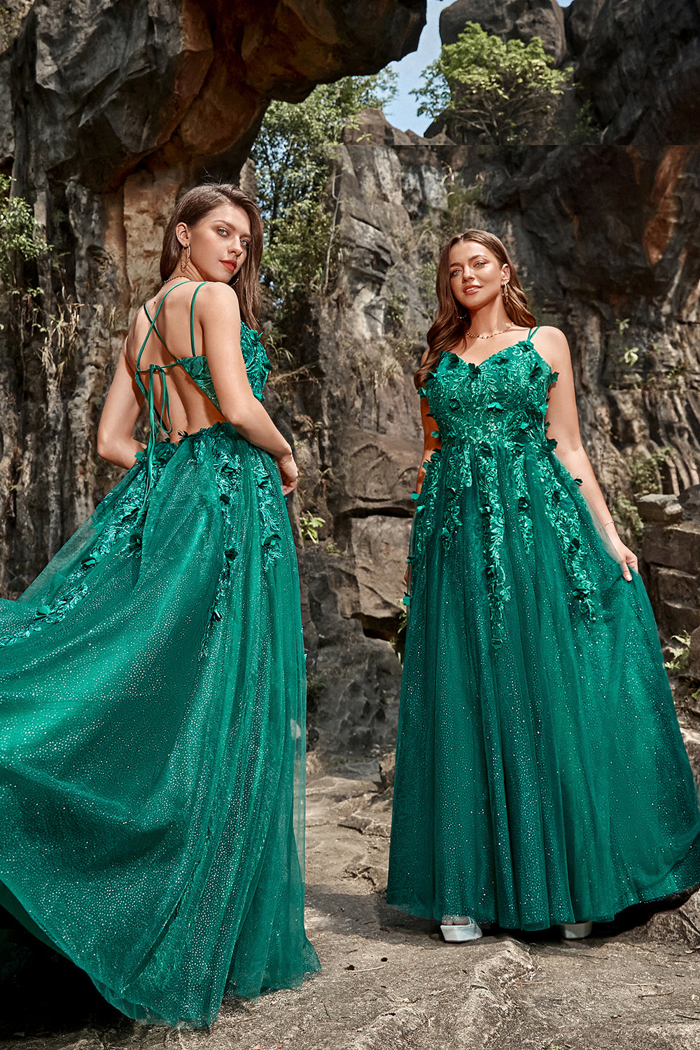 Dark Green Prom Dress A Line Long Tulle Evening Dress with Appliques