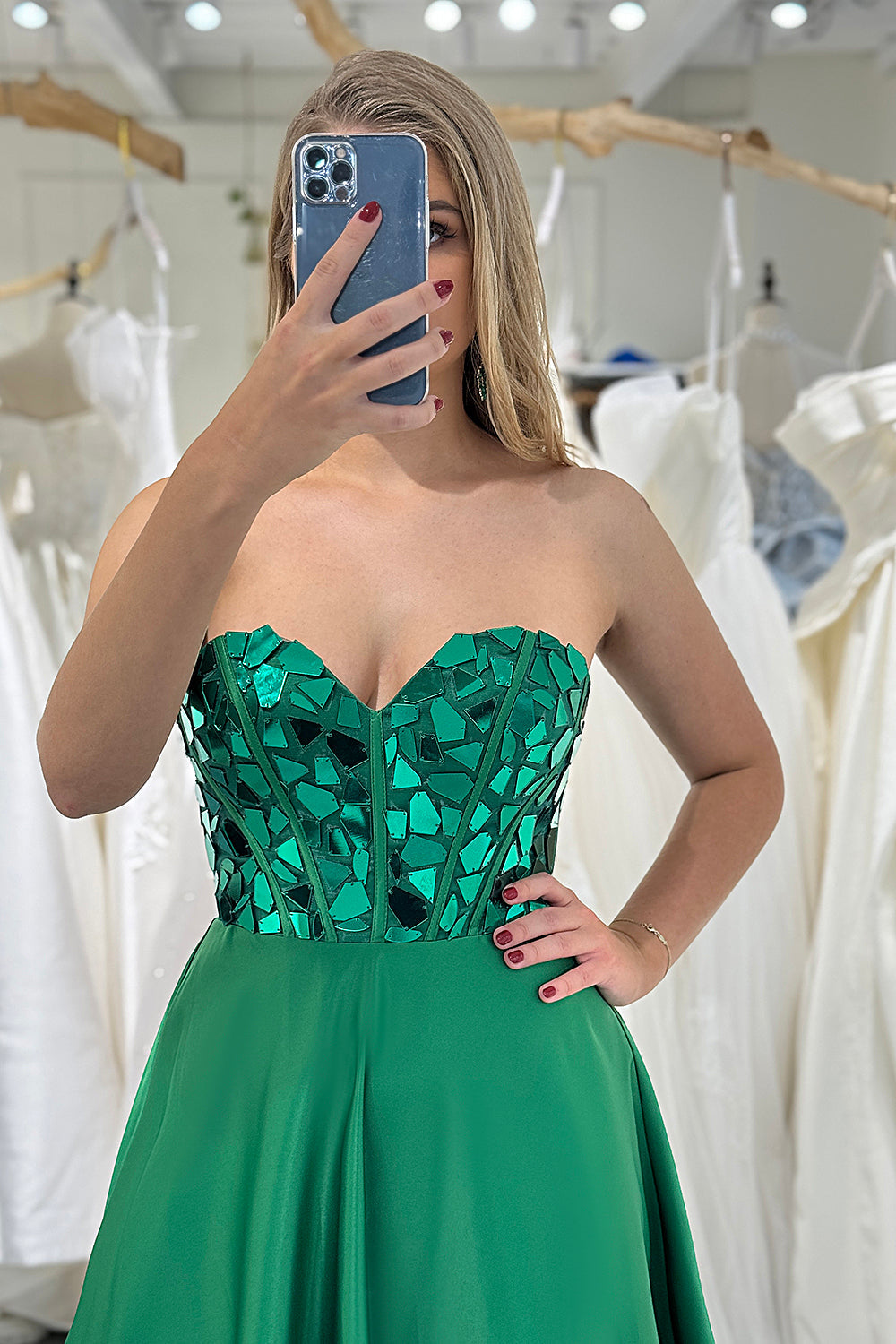 Dark Green Prom Dress A Line Sweetheart Long Mirror Evening Dress