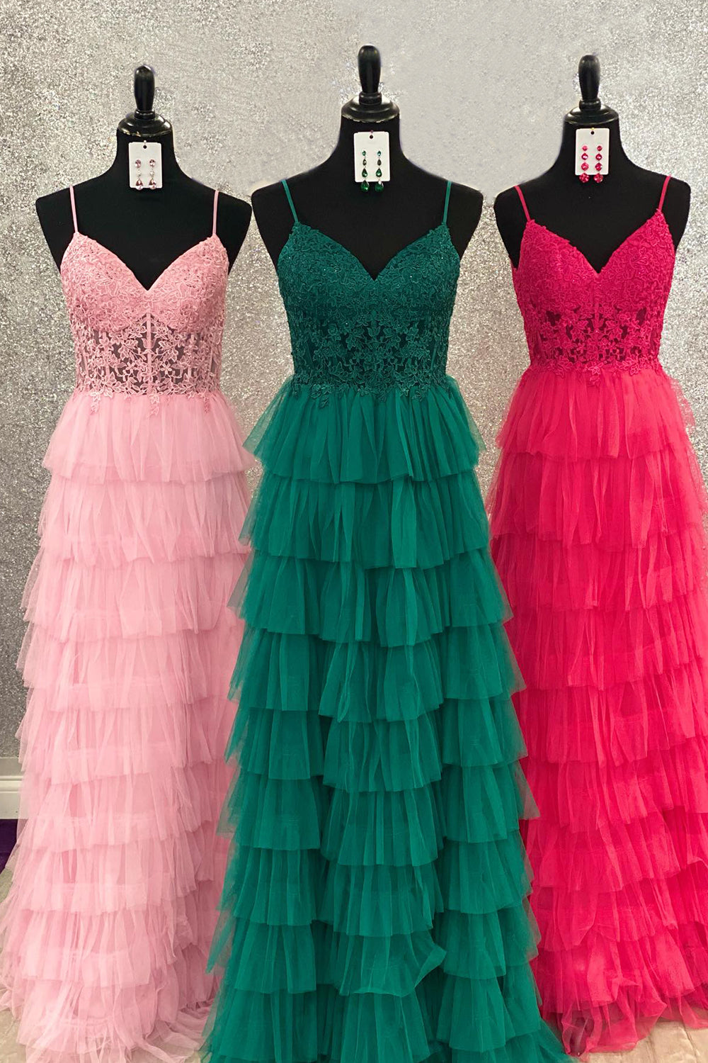 Dark Green Prom Dress A Line Tiered Tulle Long Elegant Evening Dress with Lace
