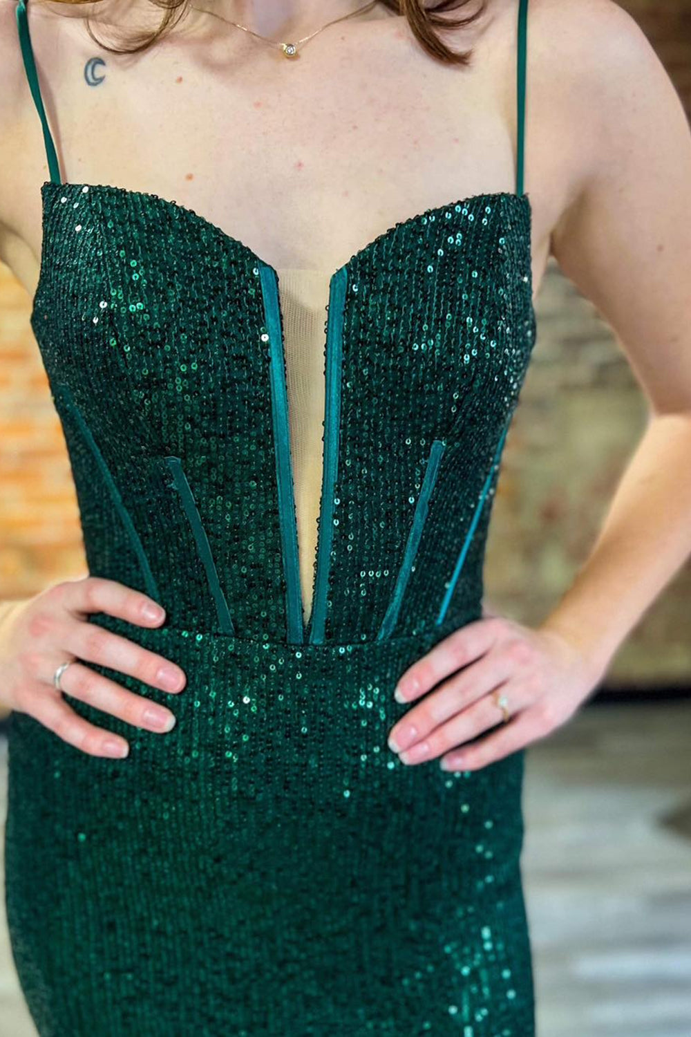 Dark Green Prom Dress Corset Sequined Long Mermaid Evening Dress