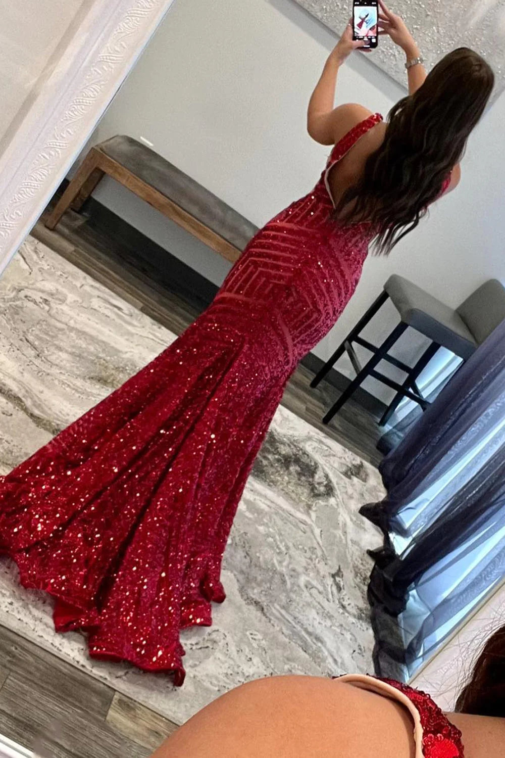 Dark Green Prom Dress Deep V Neck Sequin Mermaid Evening Dress