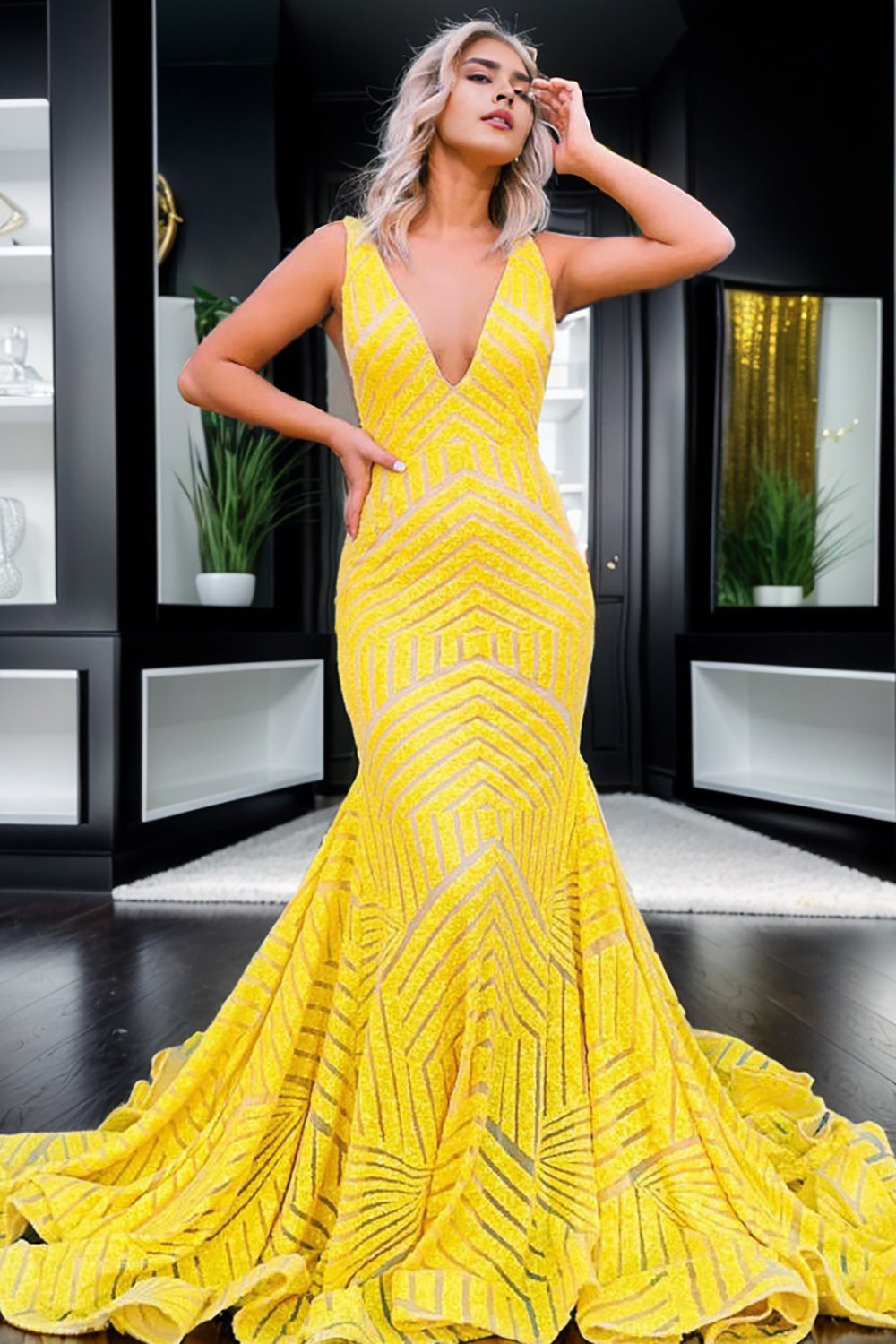 Dark Green Prom Dress Deep V Neck Sequin Mermaid Evening Dress