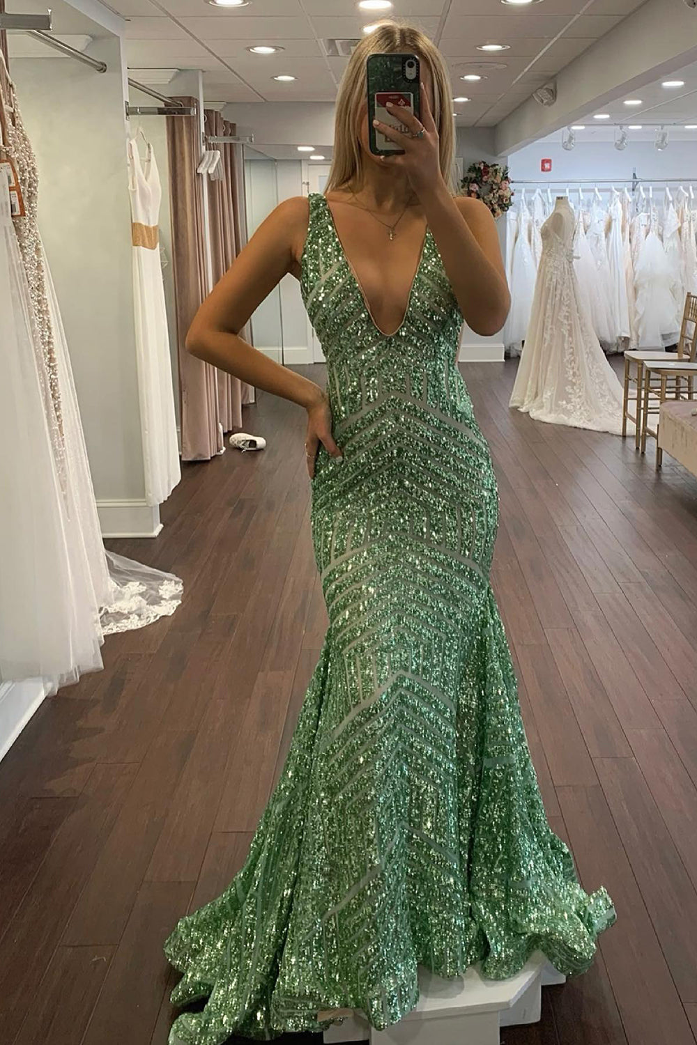 Dark Green Prom Dress Deep V Neck Sequin Mermaid Evening Dress
