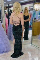 Dark Green Prom Dress Spaghetti Straps Mermaid Long Evening Dress with Slit