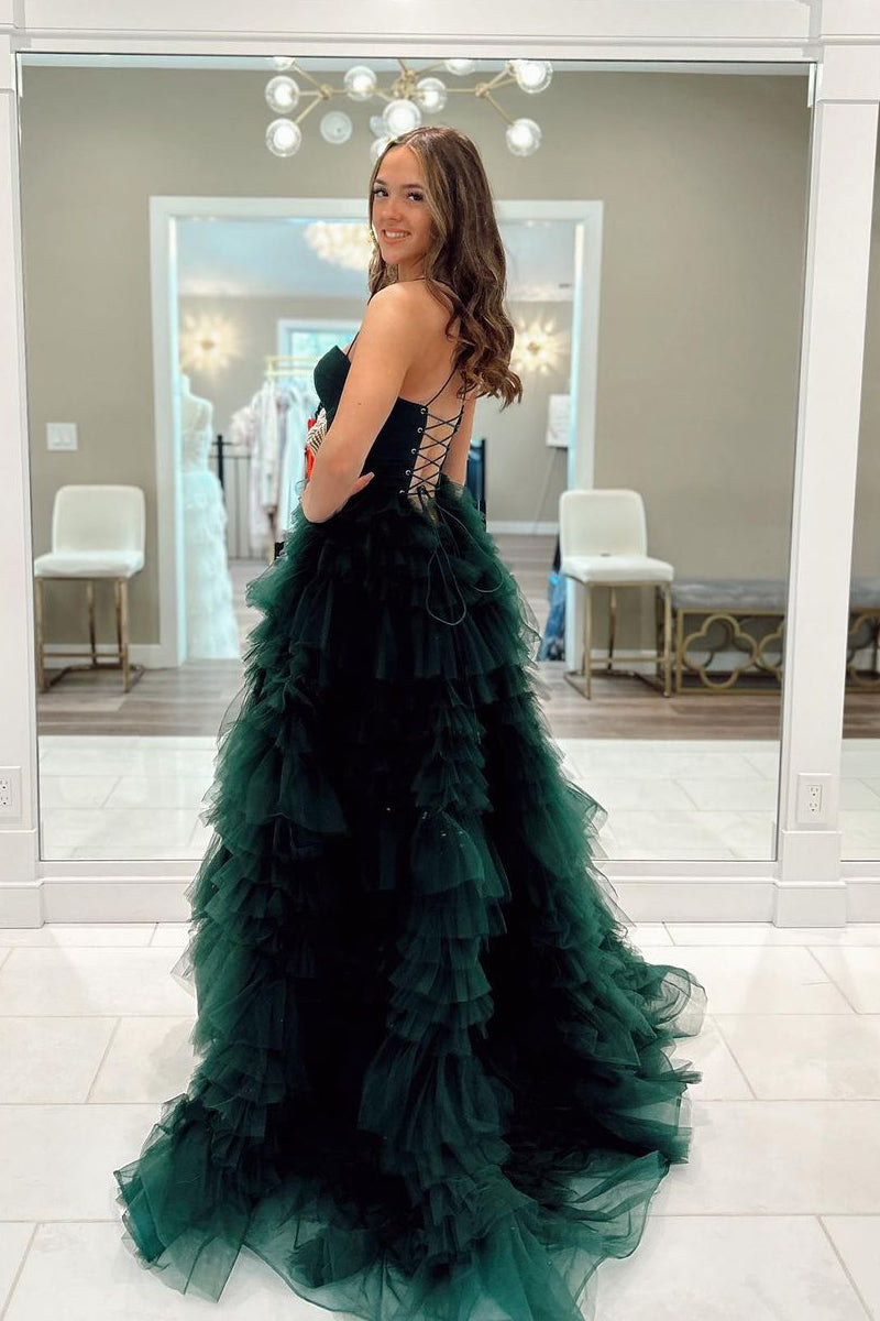 Dark Green Prom Dress Sweetheart Neck Ruffle Tiered Tulle Long Evening Dress With Split