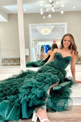 Dark Green Ruffled Prom Dress Tiered Corset A Line Long Evening Dress with Slit