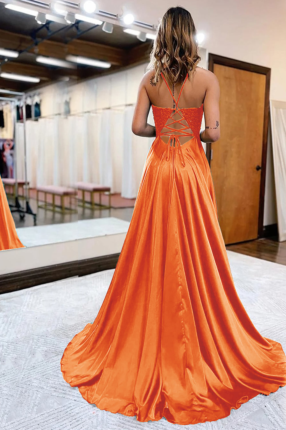 Dark Green Satin A Line Appliques Prom Dress with Slit