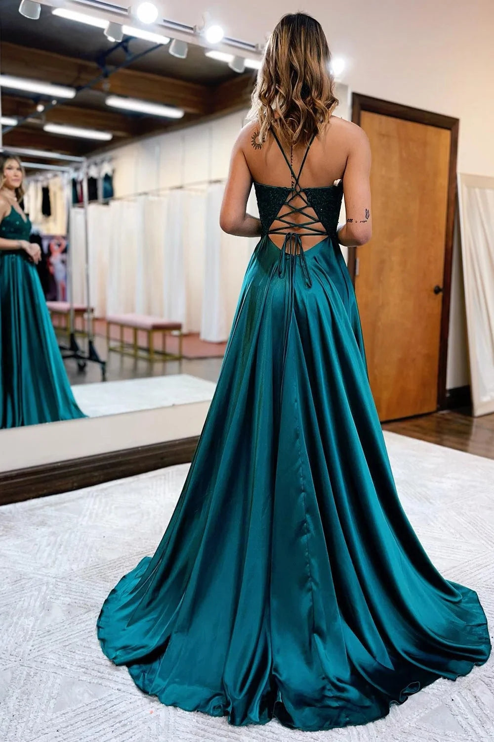 Dark Green Satin A Line Appliques Prom Dress with Slit