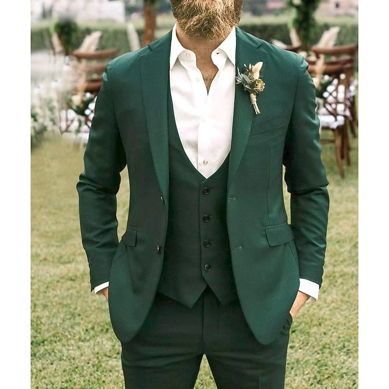 Dark Green Three-Piece Wedding Suit For Men Tailored Fit With Single-Breasted Two-Button Design